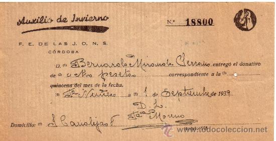Militaria: RECIBO AUXILIO SOCIAL DE INVIERNO A&Ntilde;O 1939 - GUERRA CIVIL