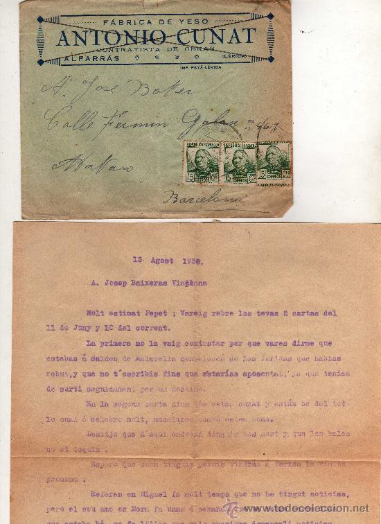 Militaria: (M-ALB1) CARTA 1938 ALFARRAS ( LERIDA ) FABRICA DE YESO ANTONIO CUNAT , SE&Ntilde;ALES DE USO