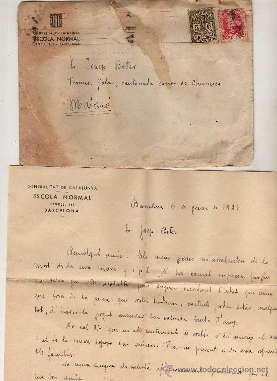 Militaria: (M-ALB1) CARTA 1936 GENERALITAT DE CATALUNYA ESCOLA NORMAL, CON VI&Ntilde;ETA