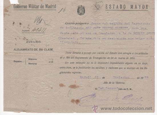 Militaria: Concesi&oacute;n de pasaporte del Estado Mayor del Gobierno Militar de Madrid. 1939