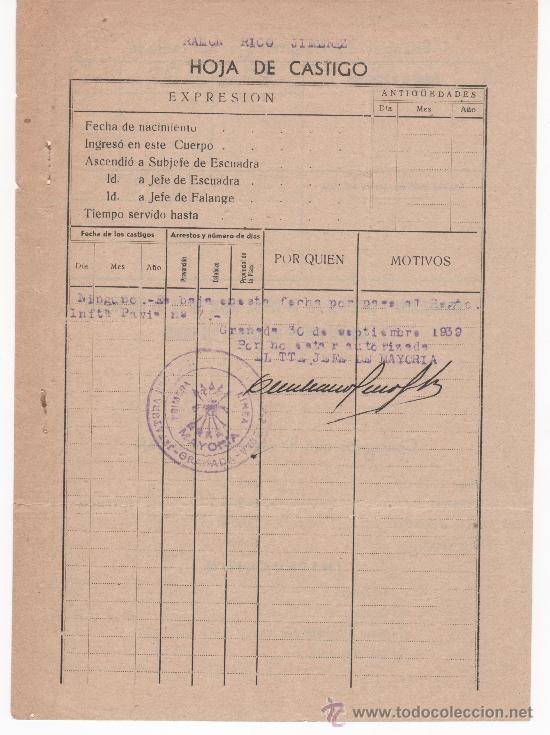Militaria: Hoja de castigo del Servicio Militar. A&ntilde;o 1939. Granada