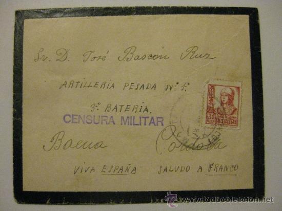 Militaria: SOBRE GUERRA CIVIL DESTINO ARTILLERIA PESADA NUMERO 1 - BAENA - CENSURA MILITAR