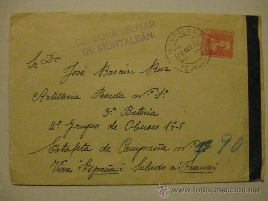 Militaria: SOBRE GUERRA CIVIL DESTINO 2 GRUPO DE OBUSES 19-9 CENSURA MILITAR - AL DORSO SELLO BENEFICENCIA