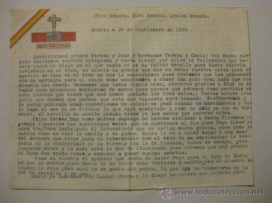 Militaria: CARTA CON MEMBRETE BANDERA DE ESPA&Ntilde;A Y CRUZ CAIDOS POR ESPA&Ntilde;A FRECHADA EN 1939-A&Ntilde;O DE LA VICTORIA
