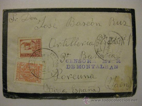 Militaria: SOBRE GUERRA CIVIL DESTINO PORCUNA ARTILLERIA PESADA 1 -3&ordf; BATERIA - CENSURA MILITAR