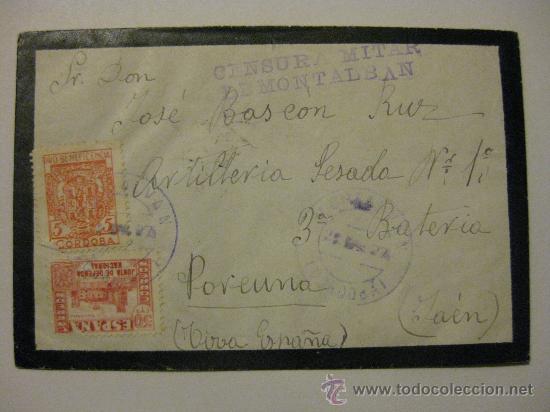 Militaria: SOBRE GUERRA CIVIL DESTINO PORCUNA ARTILLERIA PESADA 1 -3&ordf; BATERIA - SELLU JUNTA DE DEFENSA NACIONAL