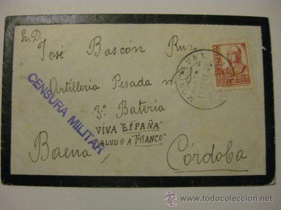 Militaria: SOBRE GUERRA CIVIL DESTINO BAENA ARTILLERIA PESADA 1 -3&ordf; BATERIA - SELLO ISABEL LA CATOLICA