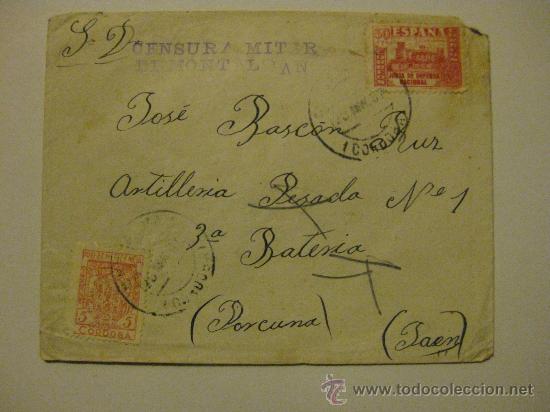 Militaria: SOBRE GUERRA CIVIL DESTINO PORCUNA ARTILLERIA PESADA 1 -3&ordf; BATERIA - SELLO JUNTA DEFENSA NACIONAL