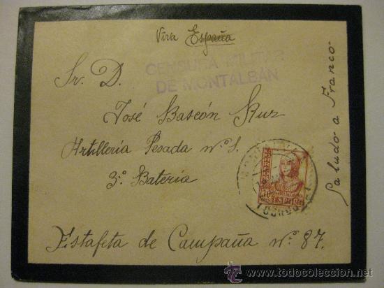 Militaria: SOBRE GUERRA CIVIL DESTINO BAENA  ARTILLERIA PESADA 1 -3&ordf; BATERIA- DORSO SELLO BENEFICIENCIA CORDOBA