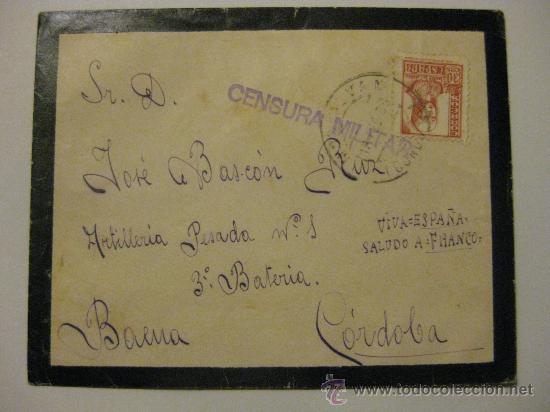 Militaria: SOBRE GUERRA CIVIL DESTINO BAENA ARTILLERIA PESADA 1 -3&ordf; BATERIA-
