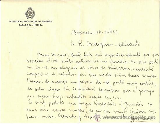 Militaria: CARTA CON MEMBRETE REPUBLICA DE INSPECCI&Oacute;N PROVINCIAL DE SANIDAD - ZARAGOZA - HUESCA  BARBASTRO 1937
