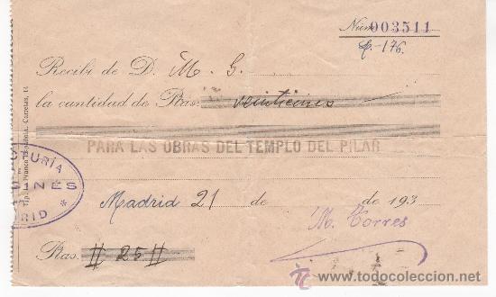 Militaria: Recibo Donaci&oacute;n para las obras del Templo del Pilar