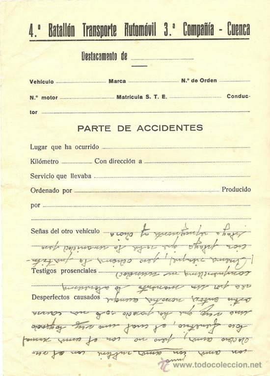 Militaria: GUERRA CIVIL - PARTE DE ACCIDENTES - 4&ordm; BATALL&Oacute;N TRANSPORTE AUTOM&Oacute;VIL - 3&ordf; COMPA&Ntilde;&Iacute;A - CUENCA