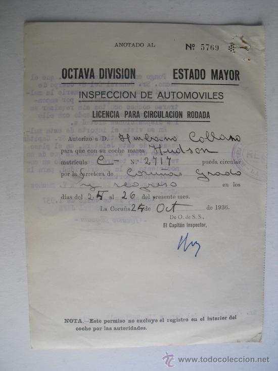 Military Antiques: OCTUBRE 1936 LICENCIA VIAJE AL FRENTE DE ASTURIAS COCHE HUDSON C-2717