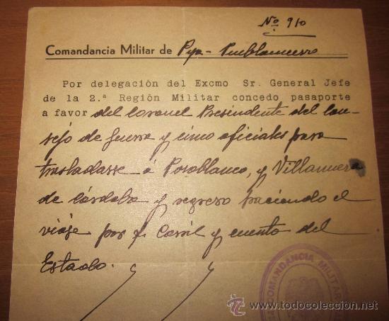 Militaria: CONCESI&Oacute;N DE PASAPORTE PRESIDENTE CORONEL DEL CONSEJO DE GUERRA Y 5 OFICIALES,5/06/1940