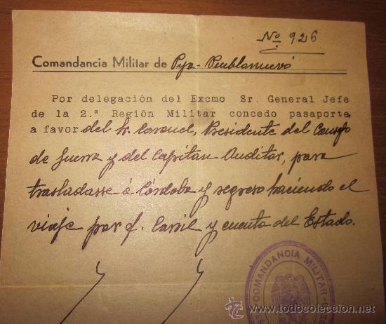 Militaria: CONCESI&Oacute;N DE PASAPORTE CORONEL PRESIDENTE DEL CONSEJO DE GUERRA Y GRAL AUDITOR,11/06/1940