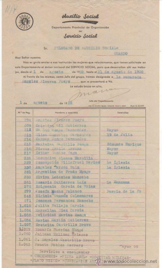 Militaria: Documento de reparto de servicios del Auxilio Social. Agosto 1938