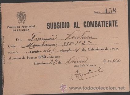 Military Antiques: S0017 Guerra Civil - SUBSIDIO AL COMBATIENTE - Vale de compra para 4 calendarios de 1940 de 8,50 pes