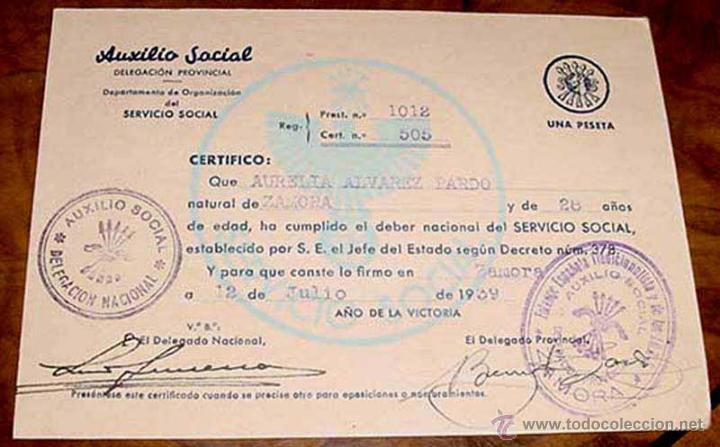 Military Antiques: CERTIFICADO DEL AUXILIO SOCIAL -DEPARTAMENTO PROVINCIAL DE ZAMORA - A&Ntilde;O 1939 - GUERRA CIVIL - FALANG