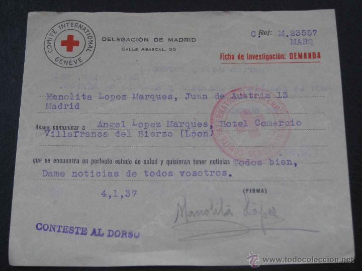 Military Antiques: ANTIGUA TARJETA DE LA CRUZ ROJA DURANTE LA GUERRA CIVIL, CON LA QUE SE COMUNICABAN FAMILIAS QUE SE E