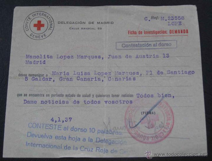 Military Antiques: ANTIGUA TARJETA DE LA CRUZ ROJA DURANTE LA GUERRA CIVIL, CON LA QUE SE COMUNICABAN FAMILIAS QUE SE E