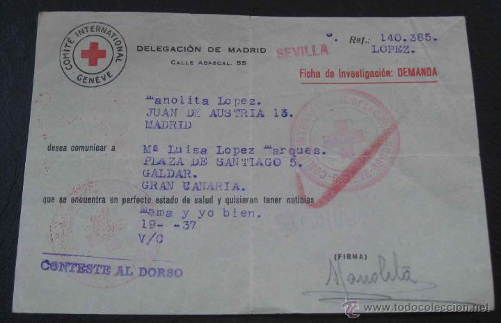 Military Antiques: ANTIGUA TARJETA DE LA CRUZ ROJA DURANTE LA GUERRA CIVIL, CON LA QUE SE COMUNICABAN FAMILIAS QUE SE E