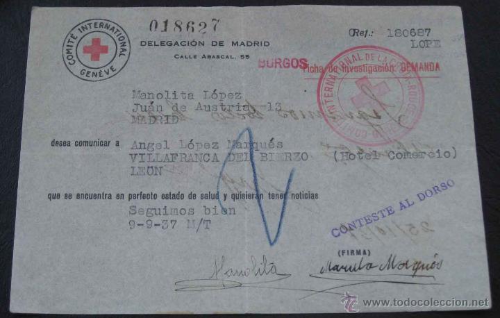 Military Antiques: ANTIGUA TARJETA DE LA CRUZ ROJA DURANTE LA GUERRA CIVIL, CON LA QUE SE COMUNICABAN FAMILIAS QUE SE E