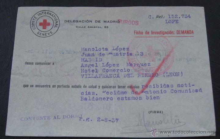 Military Antiques: ANTIGUA TARJETA DE LA CRUZ ROJA DURANTE LA GUERRA CIVIL, CON LA QUE SE COMUNICABAN FAMILIAS QUE SE E