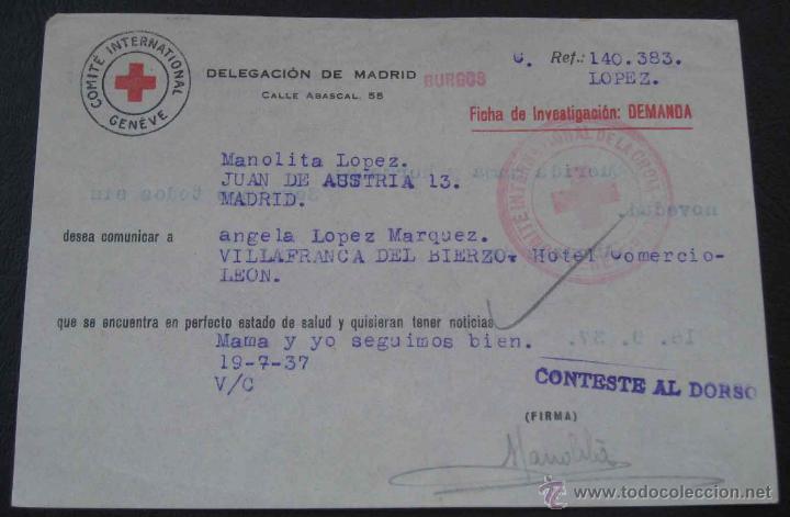 Military Antiques: ANTIGUA TARJETA DE LA CRUZ ROJA DURANTE LA GUERRA CIVIL, CON LA QUE SE COMUNICABAN FAMILIAS QUE SE E