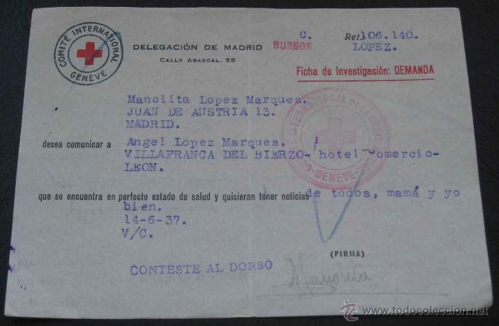 Military Antiques: ANTIGUA TARJETA DE LA CRUZ ROJA DURANTE LA GUERRA CIVIL, CON LA QUE SE COMUNICABAN FAMILIAS QUE SE E