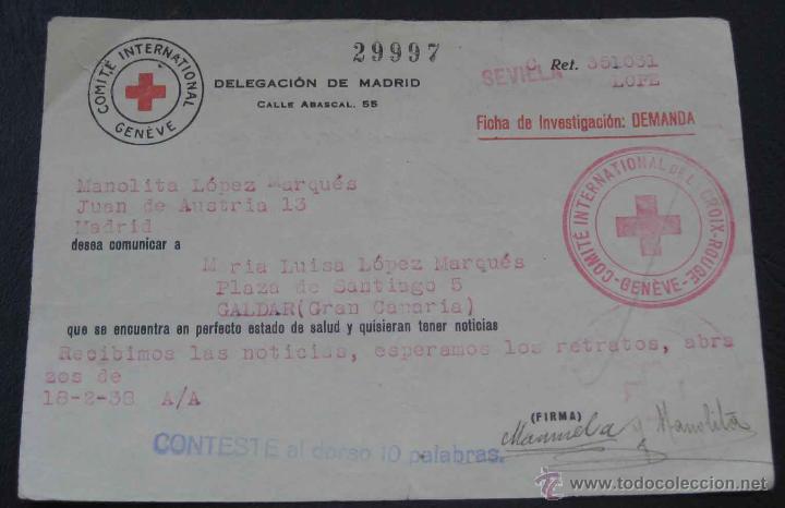 Military Antiques: ANTIGUA TARJETA DE LA CRUZ ROJA DURANTE LA GUERRA CIVIL, CON LA QUE SE COMUNICABAN FAMILIAS QUE SE E