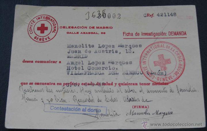Military Antiques: ANTIGUA TARJETA DE LA CRUZ ROJA DURANTE LA GUERRA CIVIL, CON LA QUE SE COMUNICABAN FAMILIAS QUE SE E