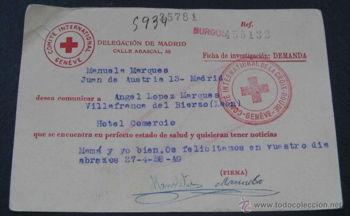 Military Antiques: ANTIGUA TARJETA DE LA CRUZ ROJA DURANTE LA GUERRA CIVIL, CON LA QUE SE COMUNICABAN FAMILIAS QUE SE E
