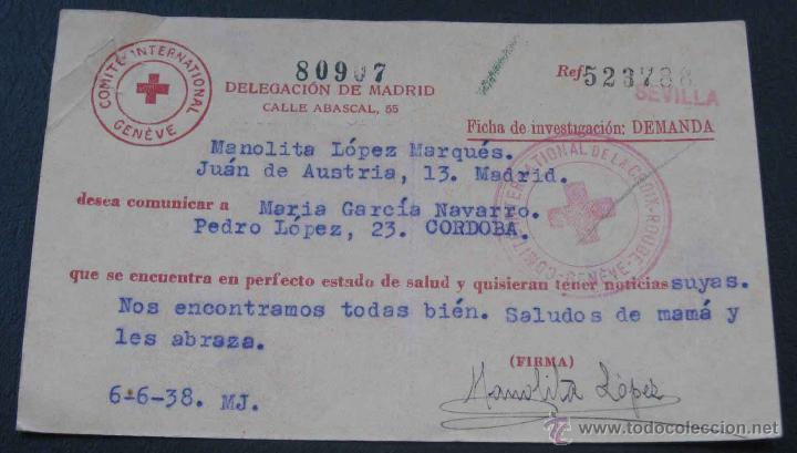 Military Antiques: ANTIGUA TARJETA DE LA CRUZ ROJA DURANTE LA GUERRA CIVIL, CON LA QUE SE COMUNICABAN FAMILIAS QUE SE E