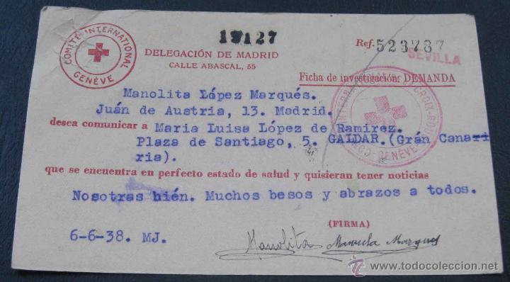 Military Antiques: ANTIGUA TARJETA DE LA CRUZ ROJA DURANTE LA GUERRA CIVIL, CON LA QUE SE COMUNICABAN FAMILIAS QUE SE E