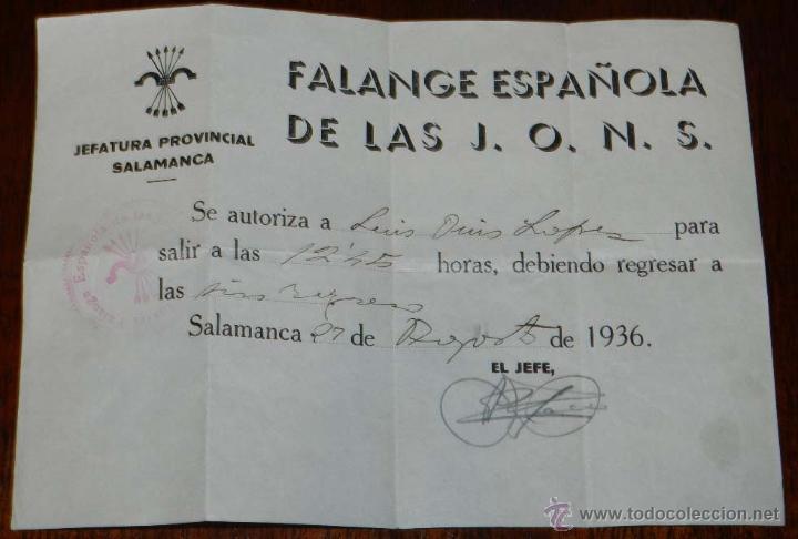 Military Antiques: ANTIGUO DOCUMENTO DE LA FALANGE ESPA&Ntilde;OLA DE LAS JONS, SALAMANCA EN AGOSTO DE 1936, PLENA GUERRA CIVI