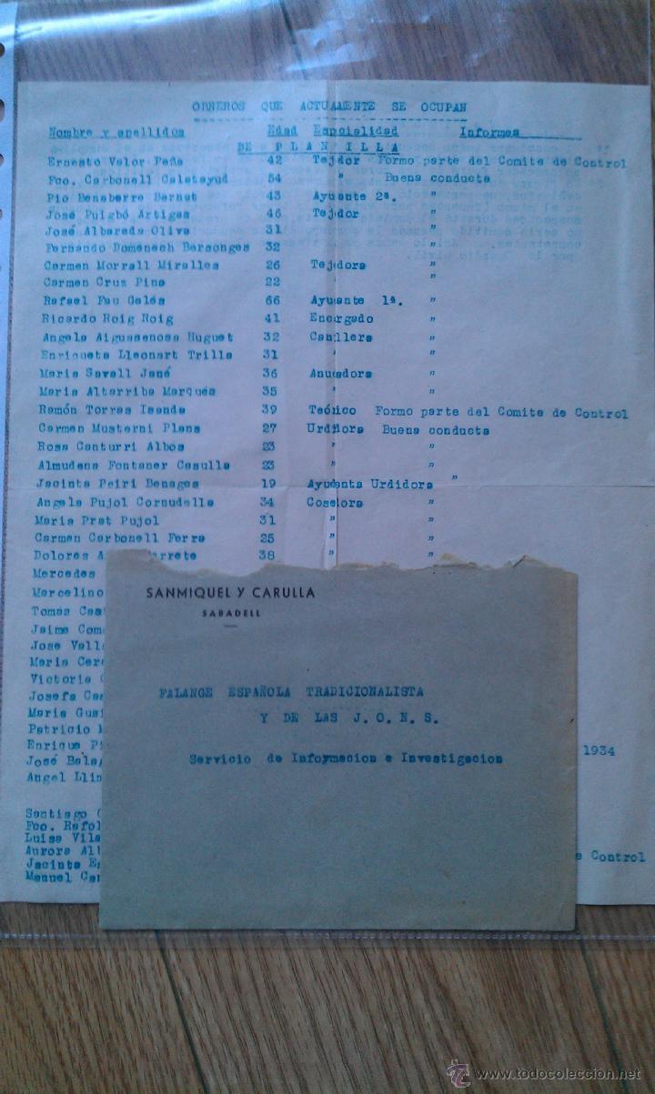 Militaria: ca. 1939 GUERRA CIVIL SABADELL SANMIQUEL Y CARULLA DELACI&Oacute;N FALANGE SERVICIOS INVESTIGACION LISTADO
