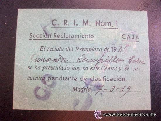 Militaria: GUERRA CIVIL : REPUBLICA : PAPELETA RECLUTA CENTRO RECLUTAMIENTO . MADRID , 1939 .... 7,5 x 10 cm