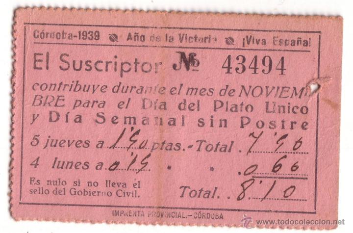 Militaria: VALE MENSUAL DIA DEL PLATO UNICO Y DIA SEMANAL SIN POSTRE - NOVIEMBRE 1939