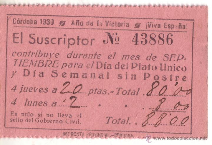 Militaria: VALE MENSUAL DIA DEL PLATO UNICO Y DIA SEMANAL SIN POSTRE - SEPTIEMBRE 1939