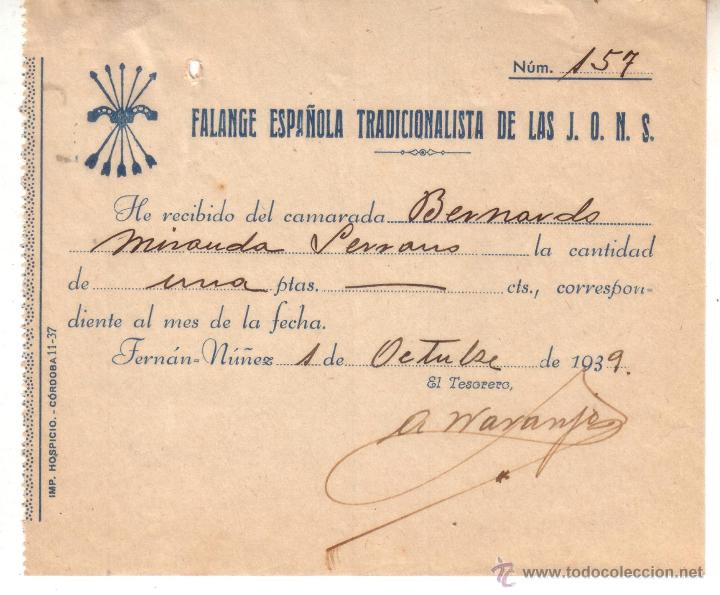 Militaria: FALANGE ESPA&Ntilde;OLA - RECIBO CUOTA CAMARADA A&Ntilde;O 1939