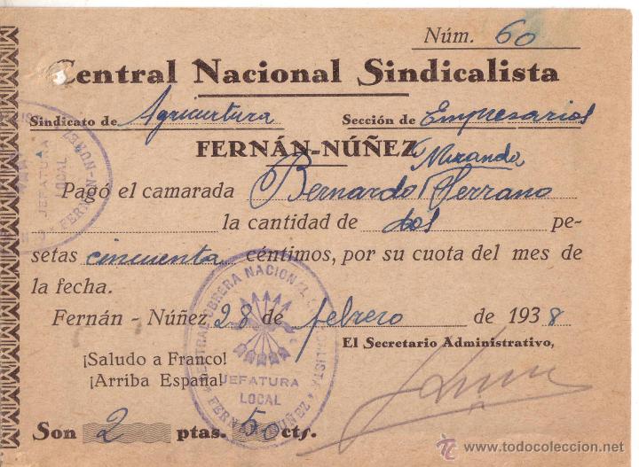 Militaria: RECIBO CENTRAL NACIONAL SINDICALISTA FEBRERO 1938