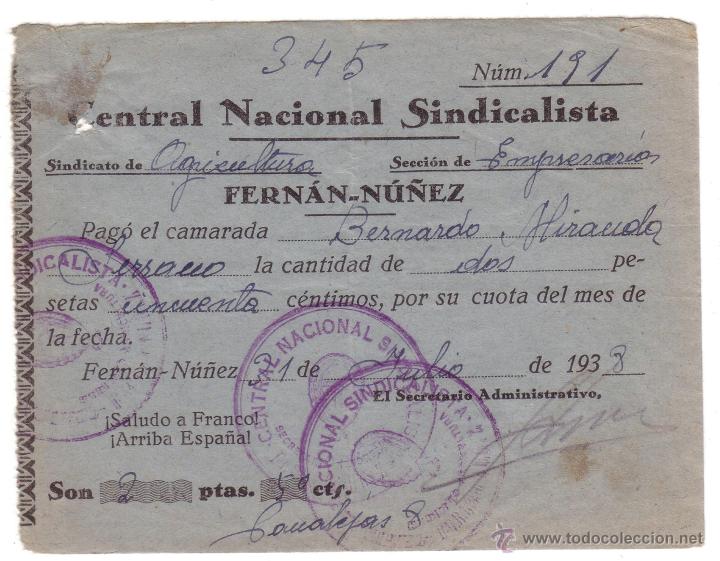Militaria: RECIBO CENTRAL NACIONAL SINDICALISTA JULIO 1938
