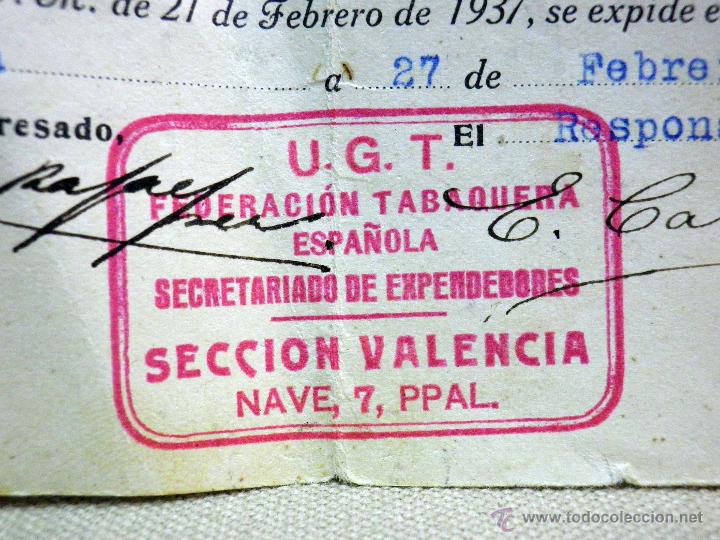 Military Antiques: DOCUMENTO, CERTIFICADO DE TRABAJO, EXPENDEDURIA DE TABACOS, CUARTE, UGT TABACALERA, VALENCIA, 1937
