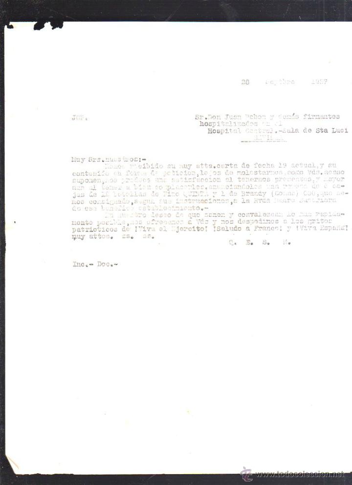 Militaria: HOSPITAL CENTRAL. SEVILLA. CARTA DE ENVIO DE VINOS. OCTUBRE 1937