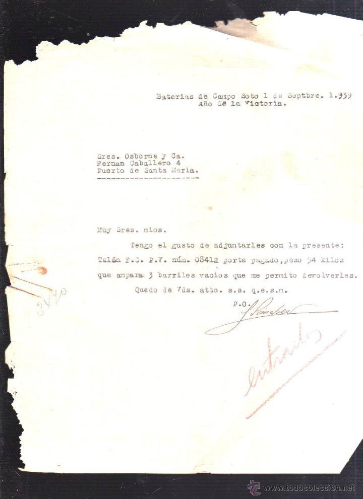 Militaria: BATERIAS DE CAMPOSOTO. 1 SEPTIMBRE 1939. A&Ntilde;O DE LA VICTORIA. CARTA DE DEVOLUCION DE BARRILES