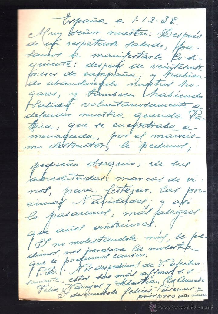 Militaria: DOCUMENTO EN CAMPA&Ntilde;A EN EL QUE SOLICITAN VINO PARA FESTEJAR LAS NAVIDADES. 1/12/1938. LEER