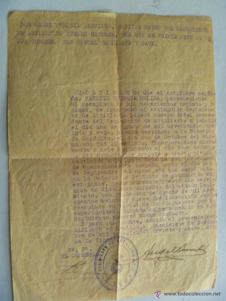 Militaria: RGTO. ARTILLERIA N&ordm; 14 . CERTIFICADO DE SERVICIOS EN BATERIA DURANTE LA GUERRA . SEVILLA, 1939.
