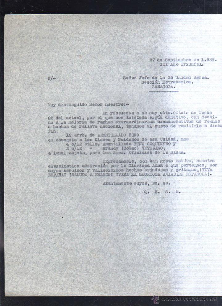 Militaria: SEPTIEMBRE 1938. JEFE 35 UNIDAD AEREA. SECCION ESTRATEGICA. ZARAGOZA. GUERRA CIVIL. LEER