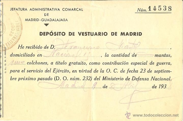 Militaria: GUERRA CIVIL - JEFATURA MADRID - GUADALAJARA - DEP&Oacute;SITO VESTUARIO DE MADRID - ENTREGA COLCH&Oacute;N - 1938